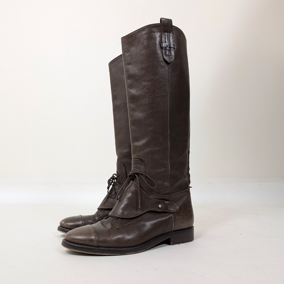 Massimo Dutti Brown Leather Riding Boots Lace Up Knee High Round Toe - Picture 2 of 16